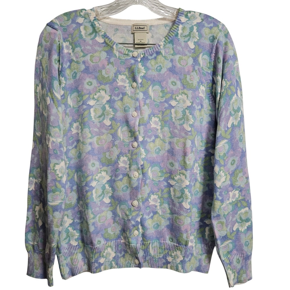 L.L. Bean Cardigan Women Medium Purple Floral Sweater Cottagecore Coastal Preppy